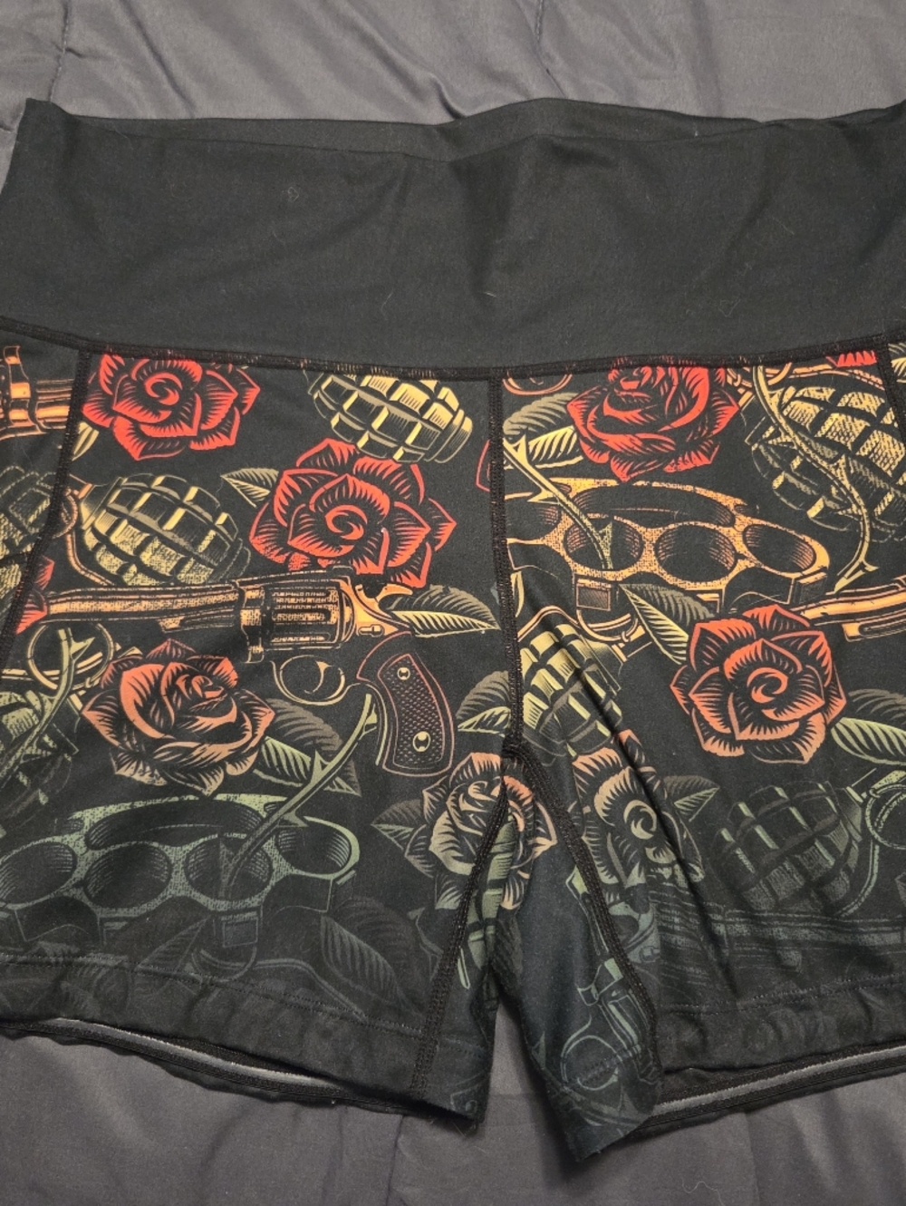 CVG XL 5" Black Active Shorts with Red & Gold Rose and Grenade Print